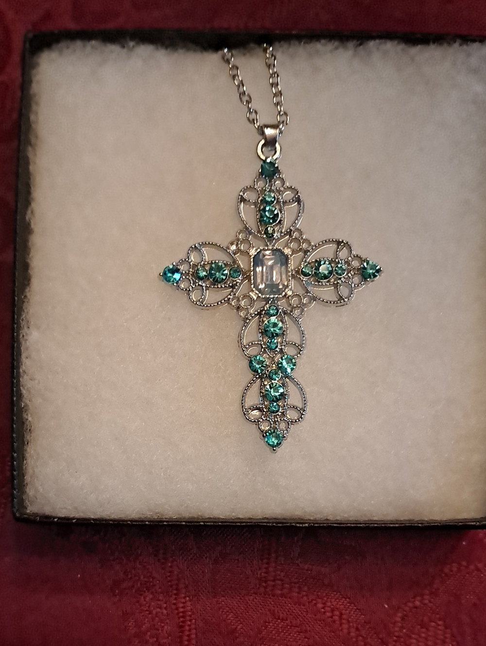 Vintage-Inspired Silver Cross Pendant Necklace with Teal Stones - Women Jewelry